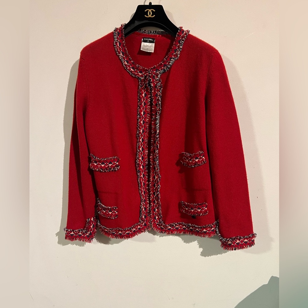 Chanel red cashmere fantasy tweed trim cardigan 46 rare